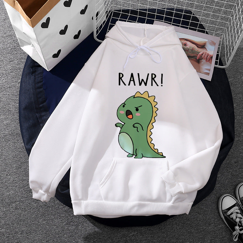 Damen nan Oversize-Kapuzenpullover mit kawaii Dinosaurier-Motiv, gerippten Bündchen und Kängurutasche Drune
