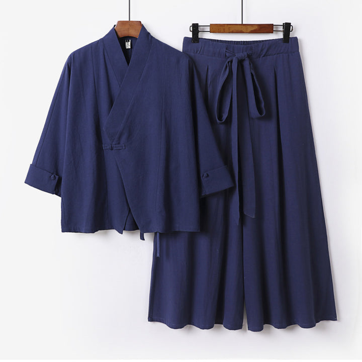Damen Leichtes Kimono-Loungewear-Set mit V-Ausschnitt dreiviertelärmeln und weiten Palazzo-Hosen Drune