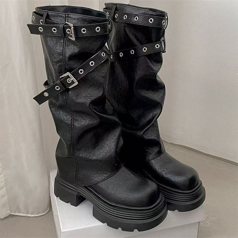 Damen Plateau-Stiefel mit modischem Schnallenverschluss und eleganter Faltenoptik Drune