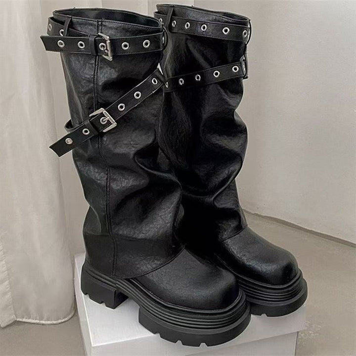 Damen Plateau-Stiefel mit modischem Schnallenverschluss und eleganter Faltenoptik Drune