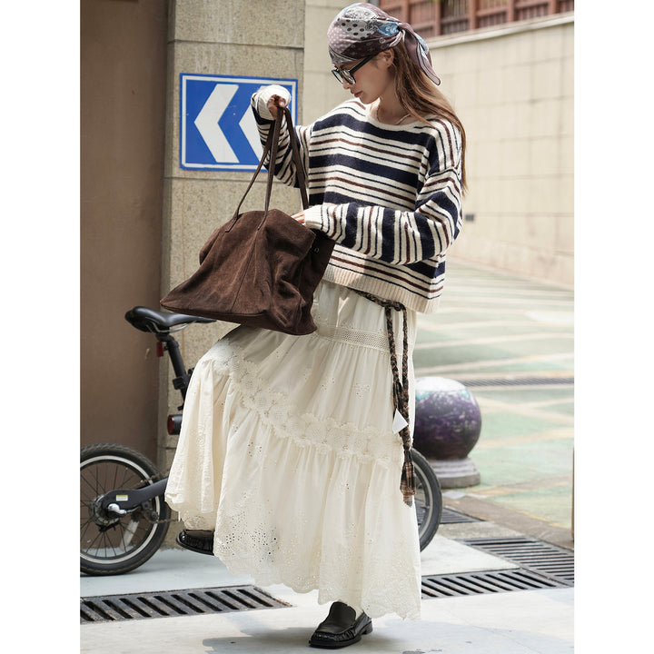Damen Weicher Oversize-Streifenpullover mit U-Boot-Ausschnitt und Flauschoptik Drune