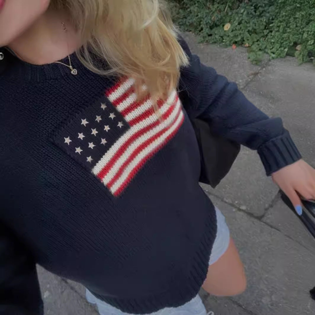 Damen Strickpullover mit amerikanischem Flaggenmotiv Drune