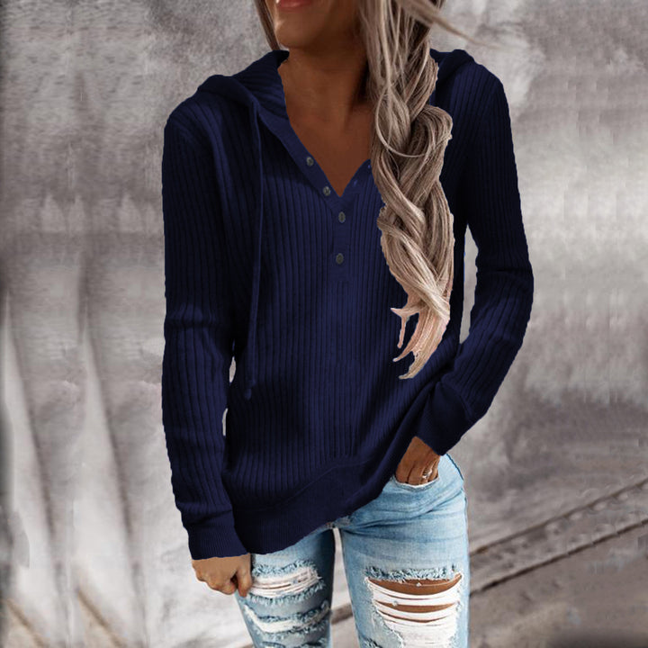 Damen Lässiger gerippter Hoodie-Pullover mit Henley-Knopfleiste und Tunnelzug Drune