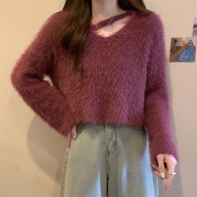 Damen Flauschiger Cropped Pullover mit weichem Strickmuster Drune