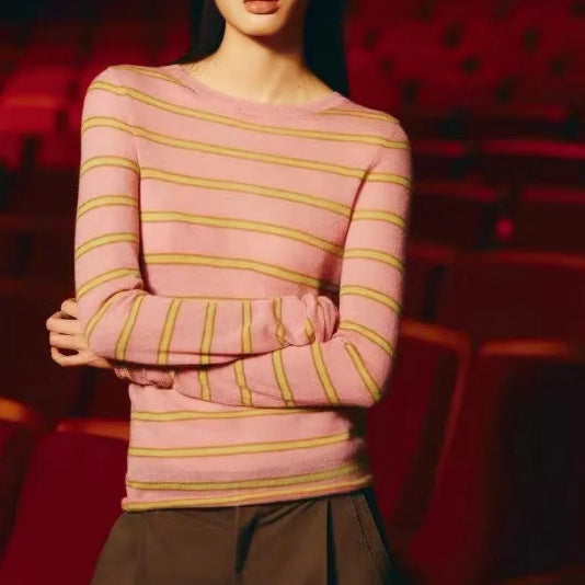 Damen Feinstrick-Pullover im Slim-Fit mit Rundhals und horizontalen Kontraststreifen Drune