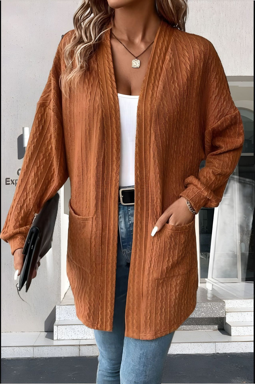 Damen lockerer Strickmantel mit ausgefallenem Muster und praktischen Taschen Drune