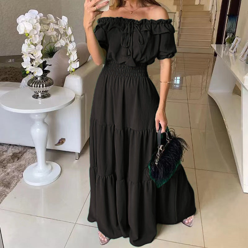 Damen Maxikleid mit schulterfreiem Design und voluminösen Rüschen Drune