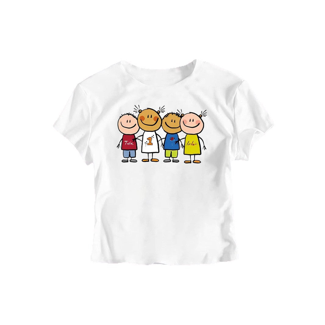 Damen Crop-T-Shirt mit kreativem Kinderzeichnungsmuster Drune
