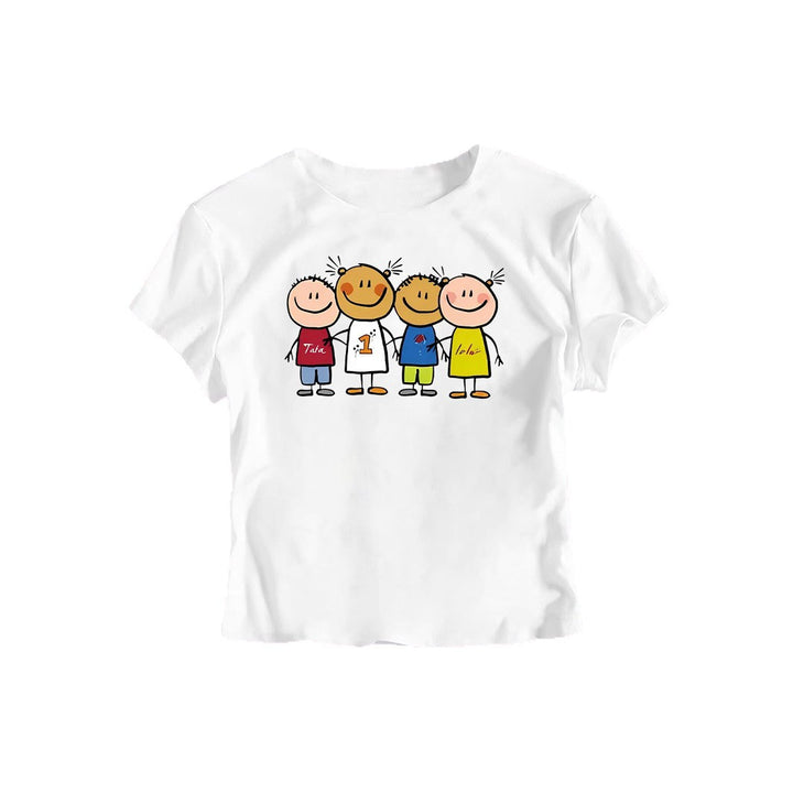 Damen Crop-T-Shirt mit kreativem Kinderzeichnungsmuster Drune