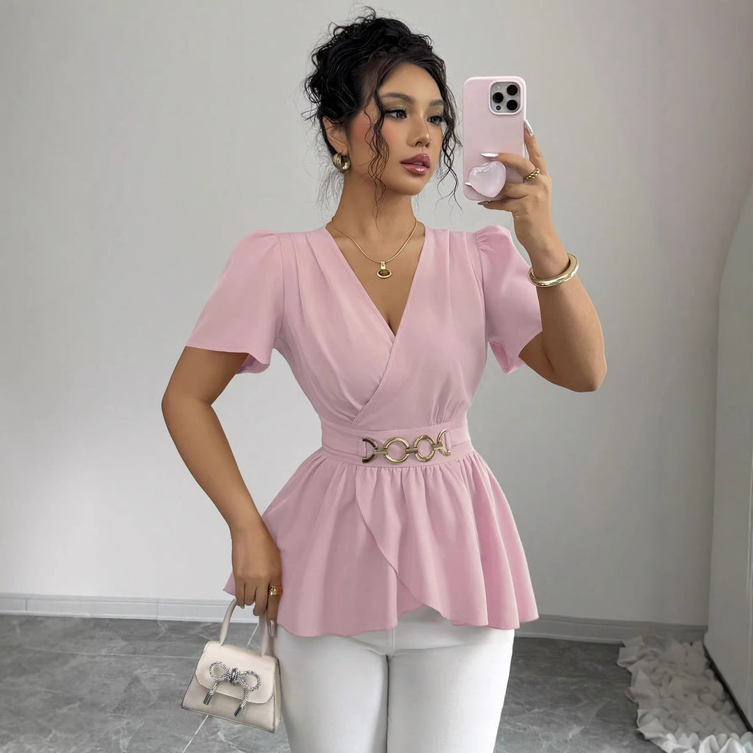 Damen Wickelbluse mit Taillen-Gürtel und asymmetrischem Volant Drune