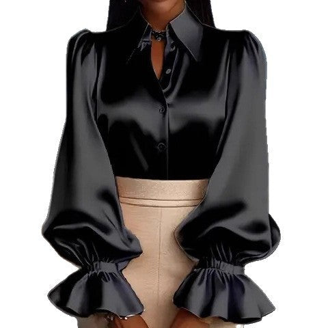 Damen elegante Seidenbluse mit Puffärmeln und schicker Knopfleiste Drune