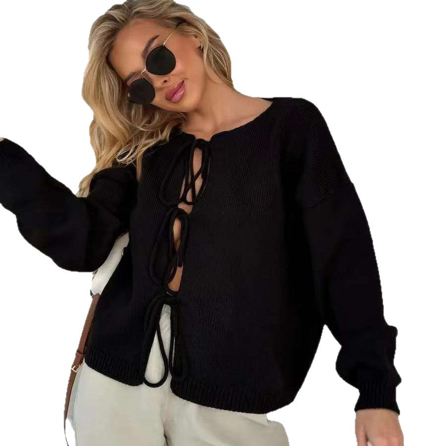 Damen lässiger Strickpullover mit dekorativer Schnürung und weitem Schnitt Drune
