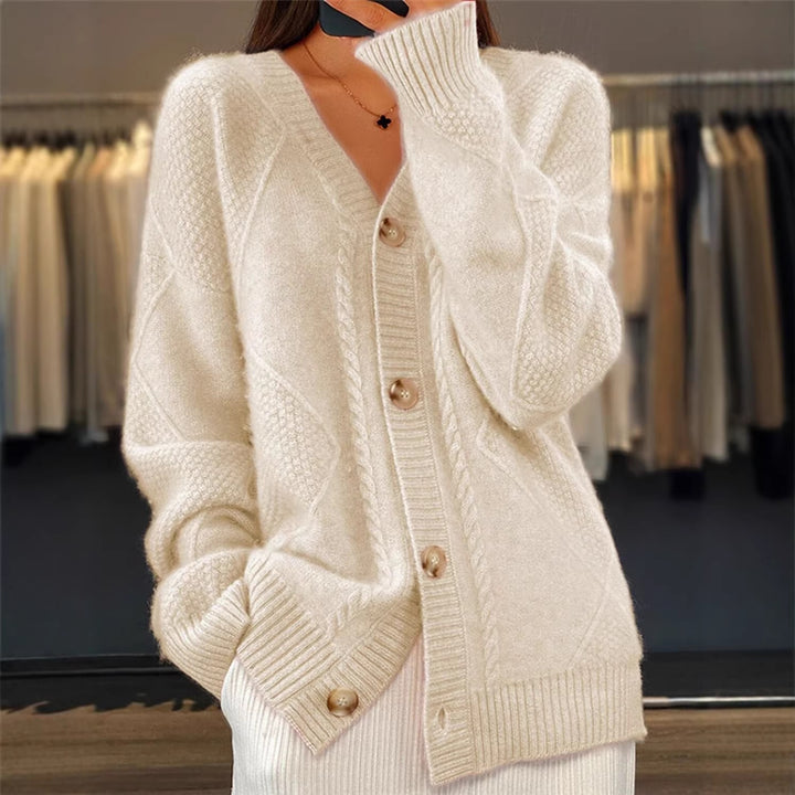 Damen nan Oversize Strickcardigan mit Zopfmuster V-Ausschnitt und Perlmuttknöpfen Drune