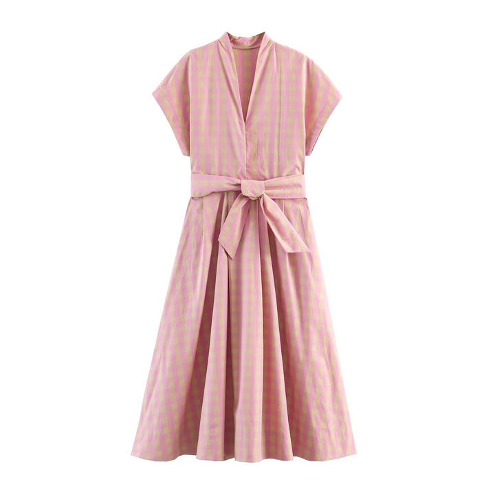 Damen Midikleid mit V-Ausschnitt, Bindegürtel und weitem Tellerrock Drune