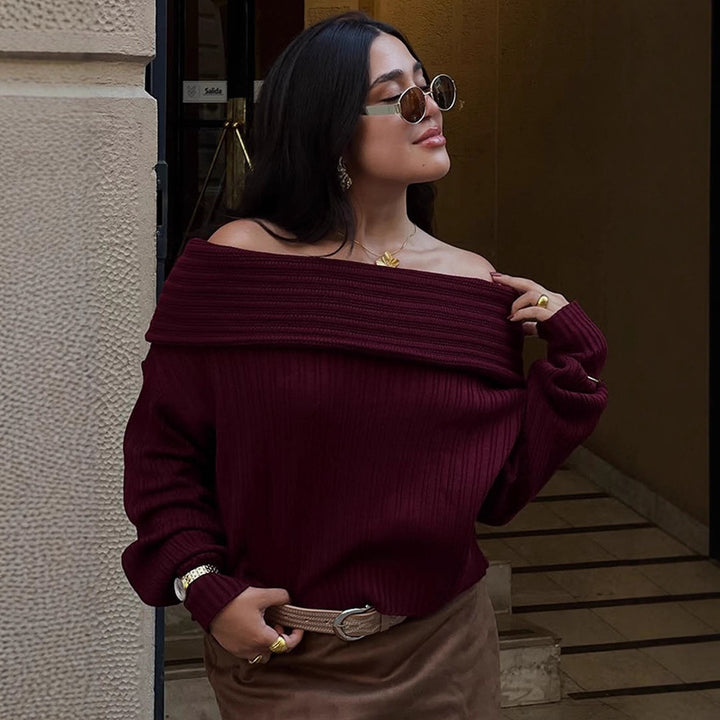 Damen Off-Shoulder Rippstrickpullover mit weitem Umschlagkragen Drune