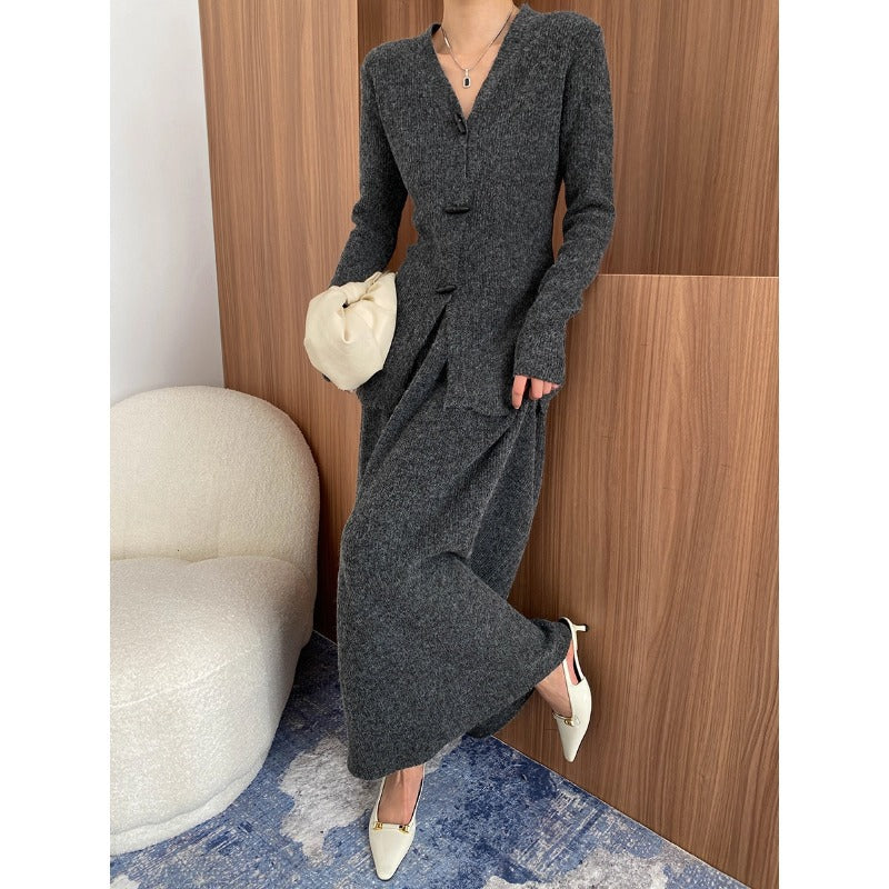 Damen elegantes Long-Strickkleid mit feinen Knopfdetails Drune