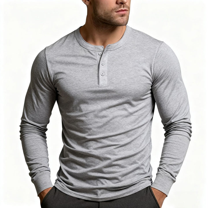 Herren nan tailliertes Langarm-Henley-Shirt aus Baumwollmix mit Knopfleiste Drune