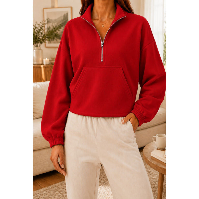 Damen Kurz geschnittener Sweatshirt-Pullover mit halbem Reißverschluss und Kängurutasche Drune