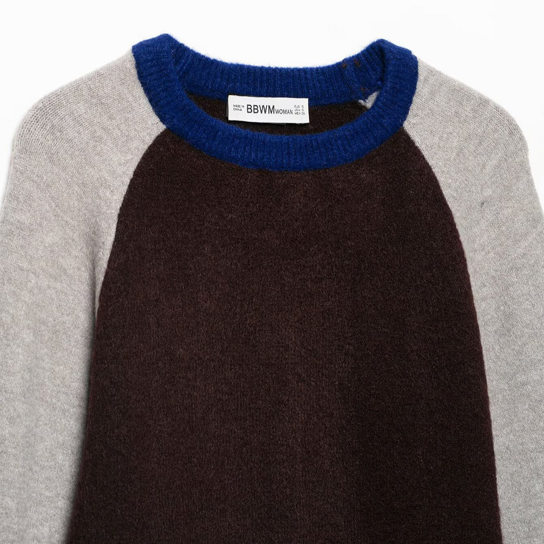 Damen Farbblock-Rundhals-Pullover mit Raglanärmeln Drune