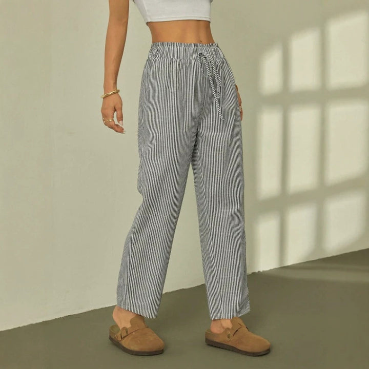 Damen Leinenoptik-Relaxhose mit High-Waist, Kordelzug und Nadelstreifen Drune