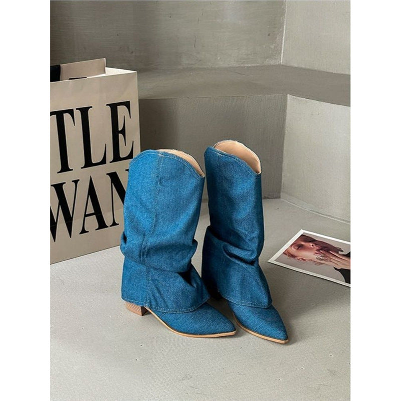 Damen Mid‑Calf Slouch‑Boots aus Denim mit spitzer Zehenpartie und mittelhohem Blockabsatz Drune