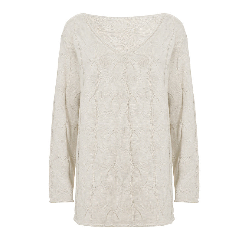 Damen nan lässiger Oversize-Strickpullover mit Zopfmuster und weitem V-Ausschnitt Drune