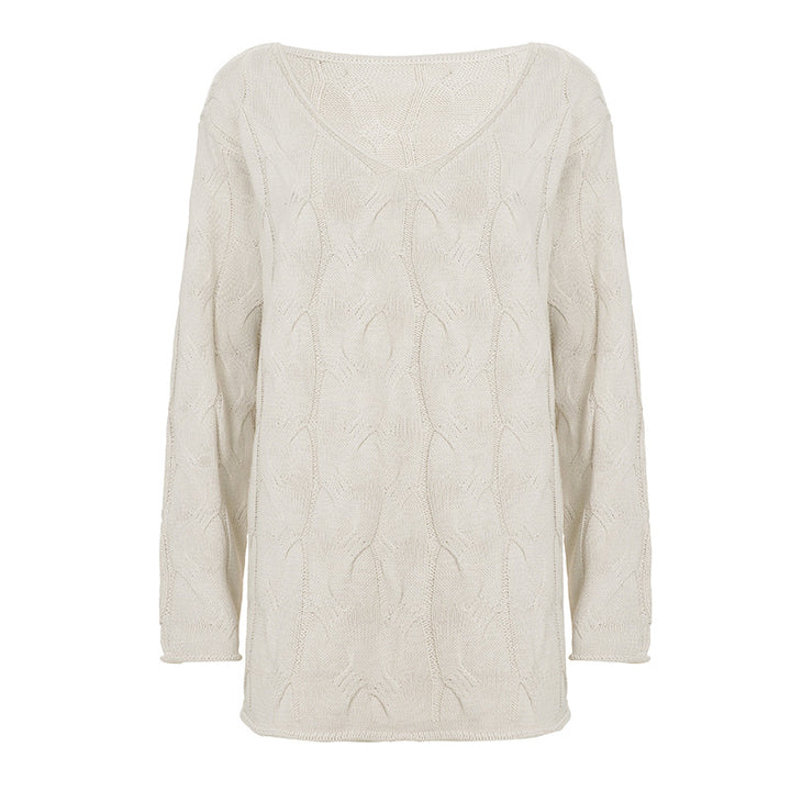 Damen nan lässiger Oversize-Strickpullover mit Zopfmuster und weitem V-Ausschnitt Drune