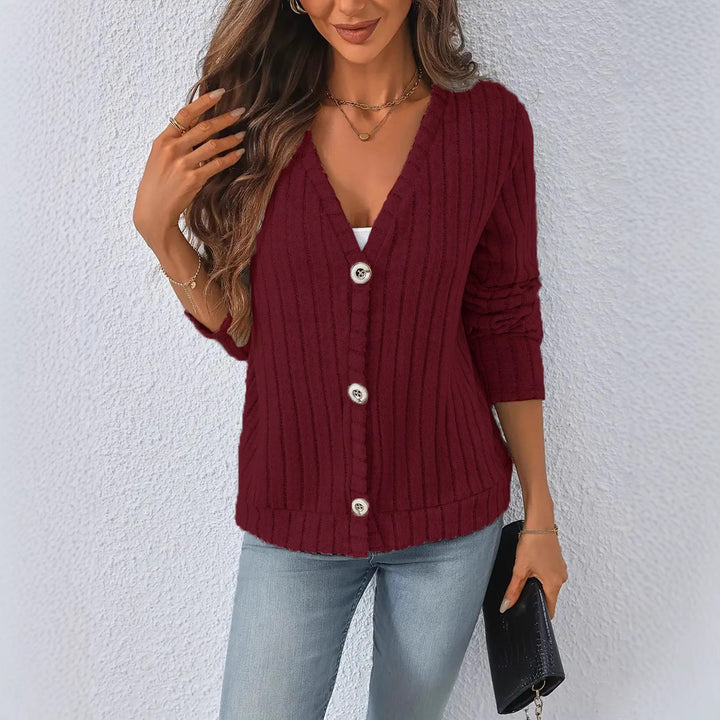 Damen nan gerippter V-Ausschnitt Strickcardigan mit dekorativen Knöpfen, leicht überschnittener Schulter und kastigem Saum Drune
