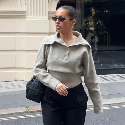 Damen Kurzgeschnittener Feinstrickpullover mit Polokragen und breitem Rippbund Drune
