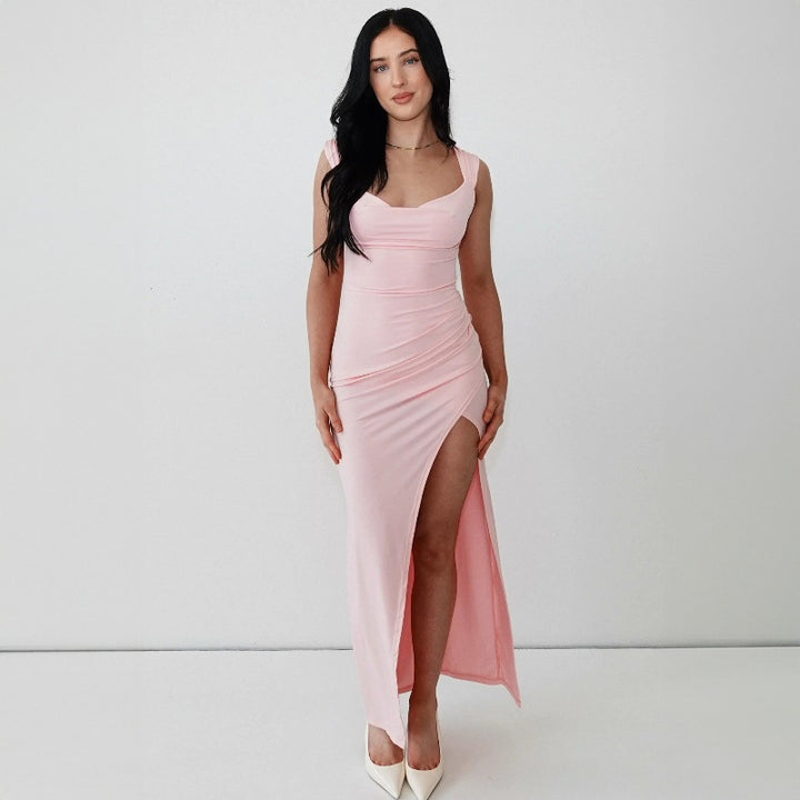 Damen Figurbetontes Maxi-Kleid mit elegantem Schlitz und Raffungen Drune