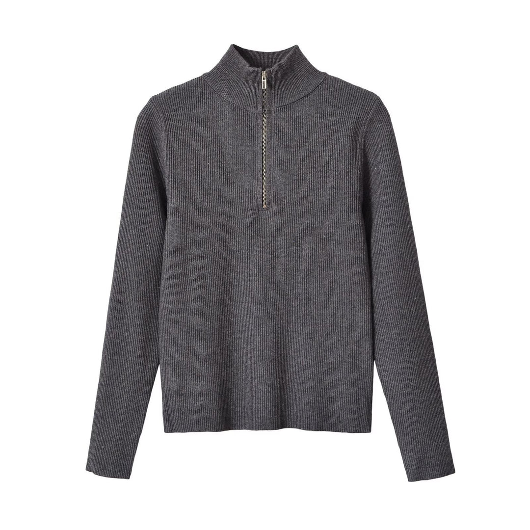Damen Gerippter Halbzip-Strickpullover mit Stehkragen Drune