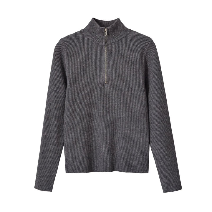 Damen Gerippter Halbzip-Strickpullover mit Stehkragen Drune