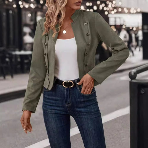 Damen modische Wildlederjacke mit elegantem Stehkragen und dekorativen Knopfdetails Drune