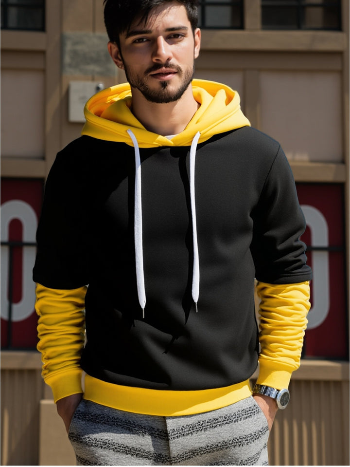 Herren Kapuzenpullover im Lagen-Look mit Kontrastkapuze und Kordelzug Drune