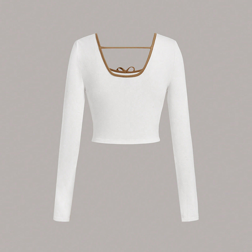 Damen cropped Langarmshirt mit modischem Quadrat-Ausschnitt und raffinierten Knoten-Details Drune