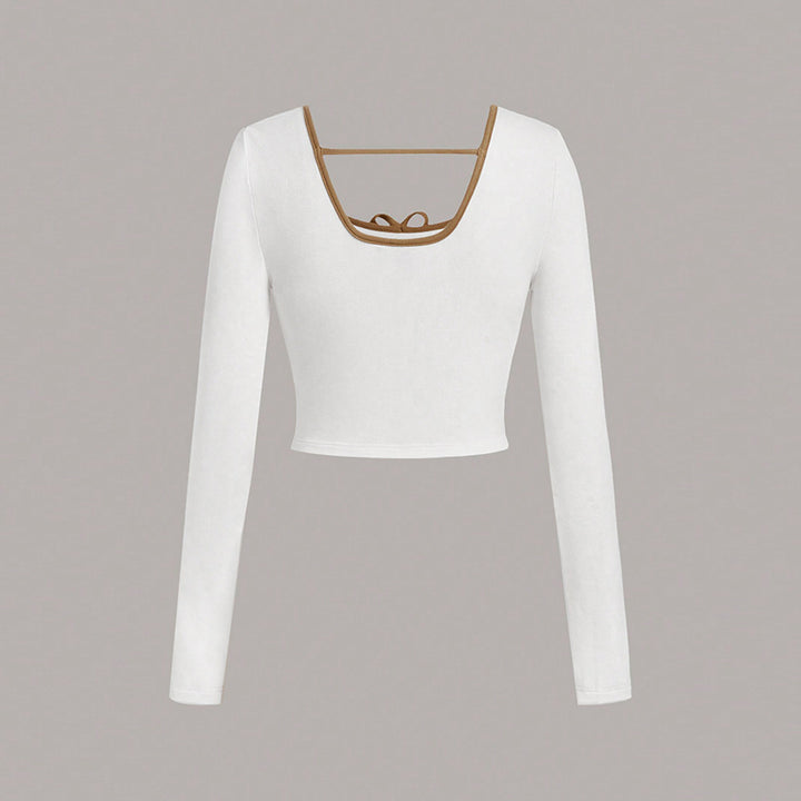 Damen cropped Langarmshirt mit modischem Quadrat-Ausschnitt und raffinierten Knoten-Details Drune