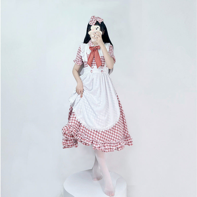 Damen nan vintage-inspiriertes Lolita-Kleid mit Karomuster Volants und abnehmbarer Schürze Drune