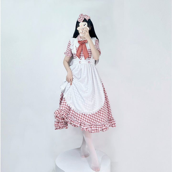 Damen nan vintage-inspiriertes Lolita-Kleid mit Karomuster Volants und abnehmbarer Schürze Drune