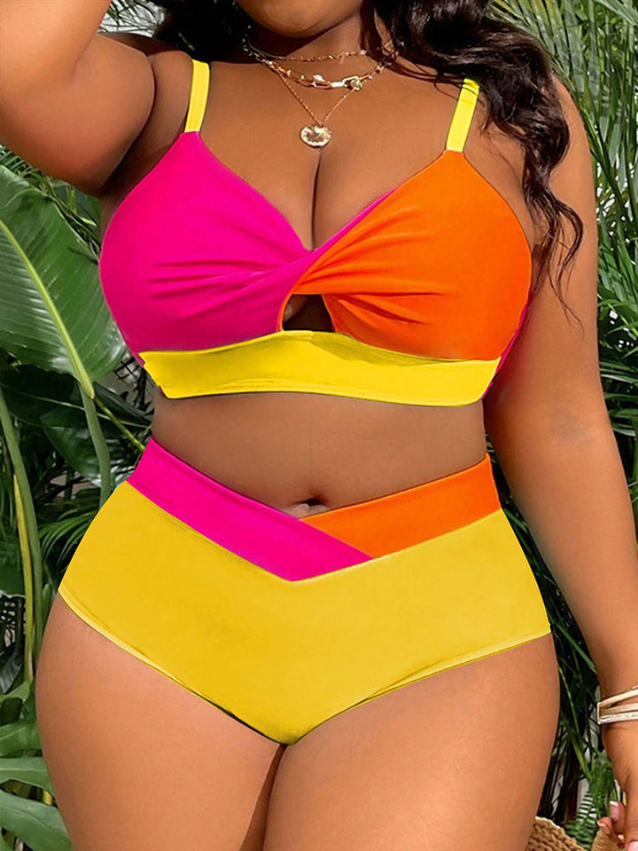 Damen hoch tailliertes Bikini-Set mit modischem Farbblock-Design Drune