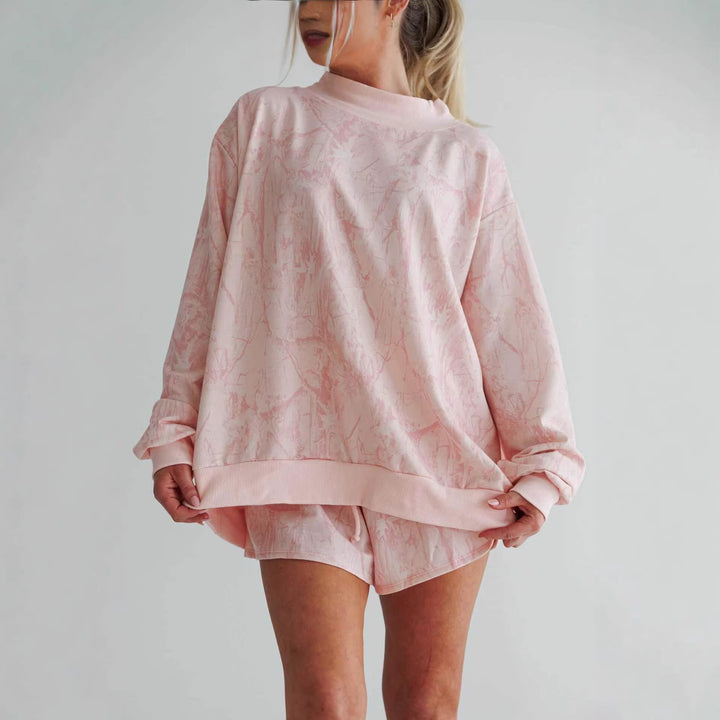 Damen lässiger Sweatshirt- und Shorts-Anzug mit hohem Stehkragen und elastischen Details Drune