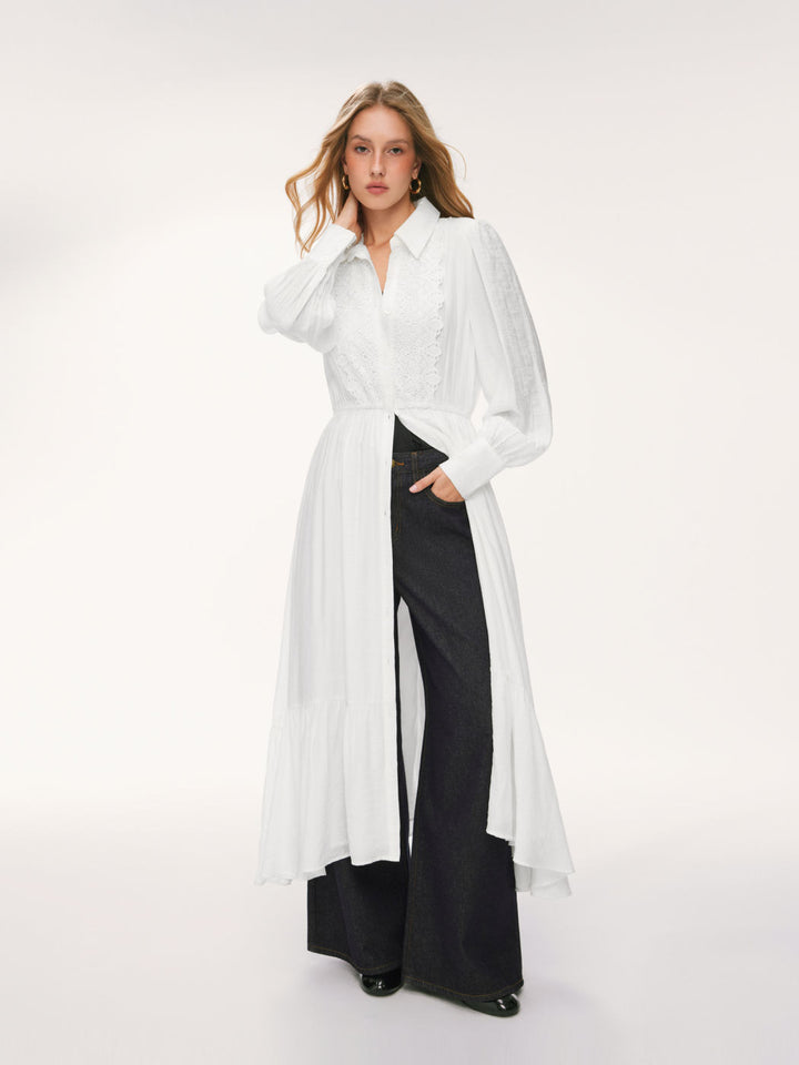 Damen Langes Hemdblusenkleid mit Spitzenbesatz, Taillierung und Stufenrock Drune