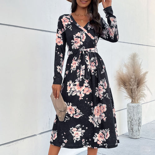 Damen Florales Wickel-Midikleid mit V-Ausschnitt, Taillengürtel und ausgestelltem Rock Drune
