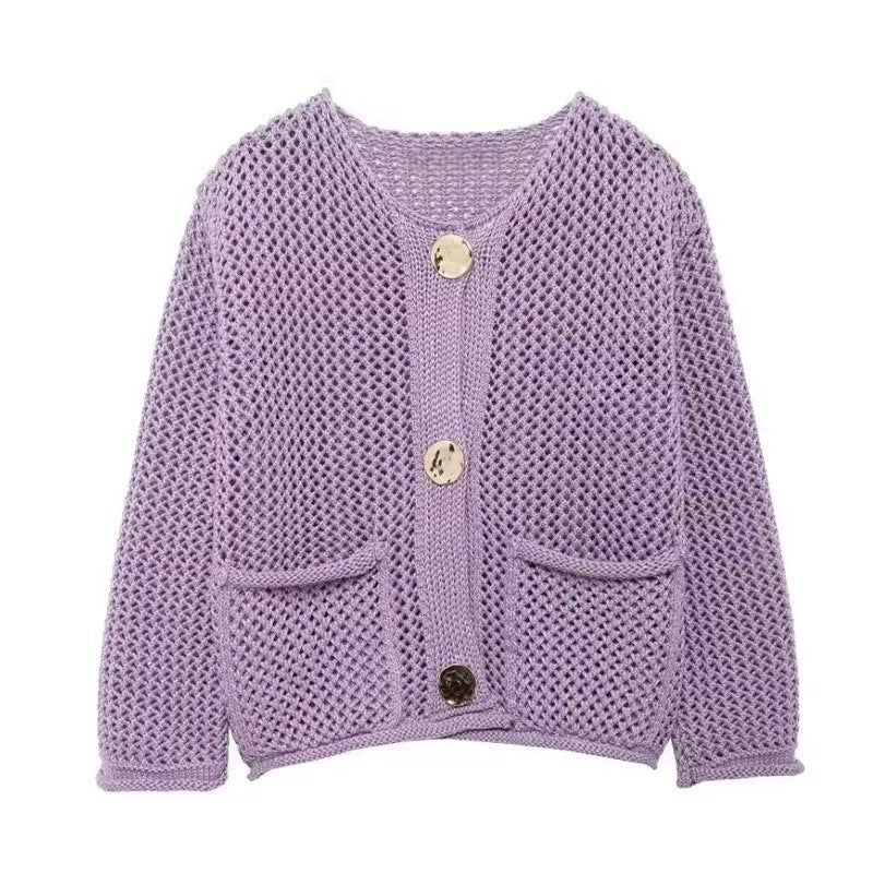 Damen Netzstrickjacke mit praktischen Taschen und dekorativen Knöpfen Drune