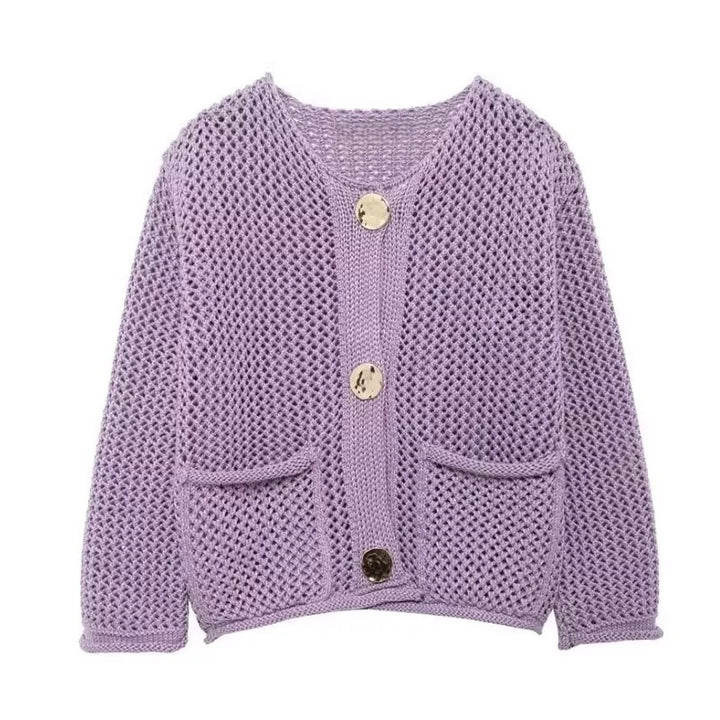 Damen Netzstrickjacke mit praktischen Taschen und dekorativen Knöpfen Drune