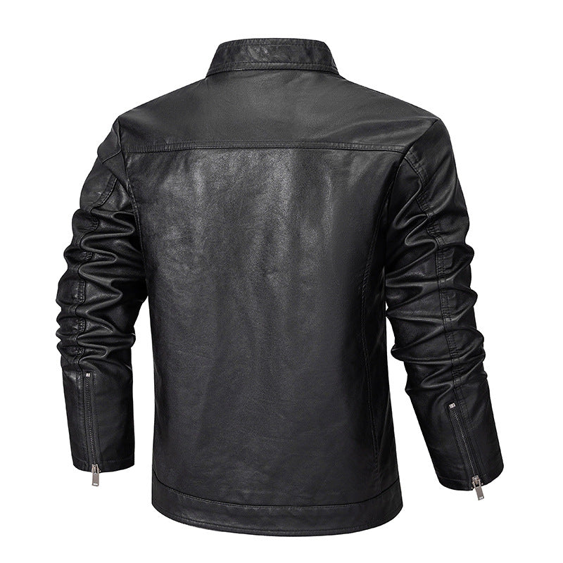 Herren Slim-Fit Kunstleder-Reißverschlussjacke mit Stehkragen und Nahtpaneelen Drune