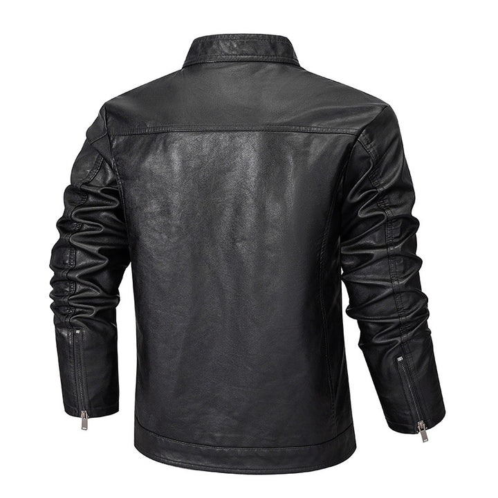 Herren Slim-Fit Kunstleder-Reißverschlussjacke mit Stehkragen und Nahtpaneelen Drune