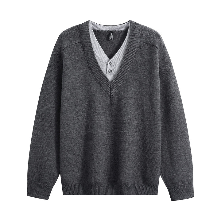 Unisex Oversize V‑Neck Strickpullover mit eingearbeiteter Henley-Optik Drune