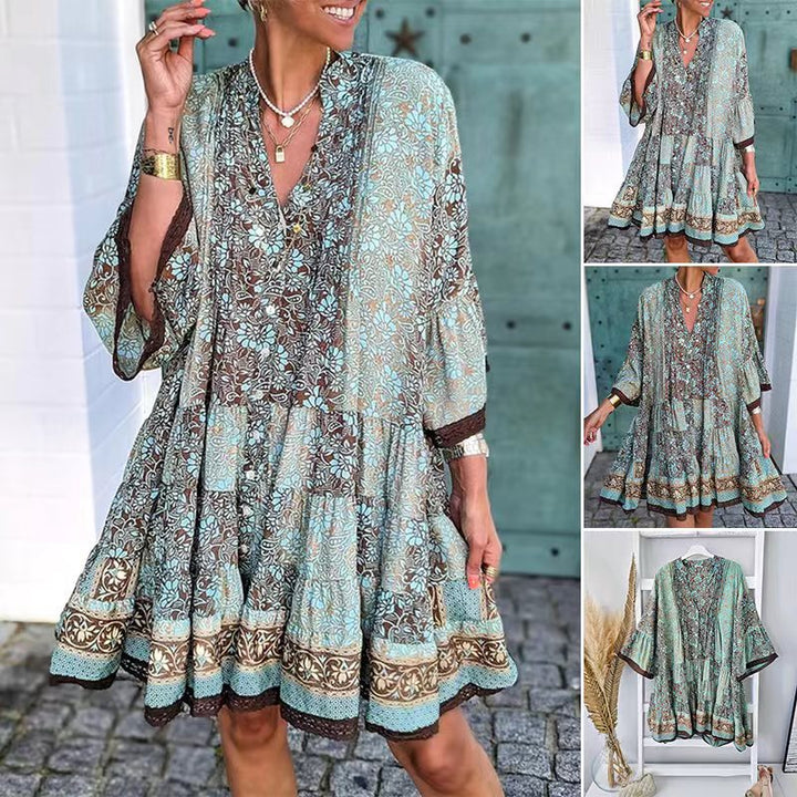 Damen nan luftiges Boho-Stufenkleid mit V-Ausschnitt weiten Fledermausärmeln und Spitzenbordüre Drune
