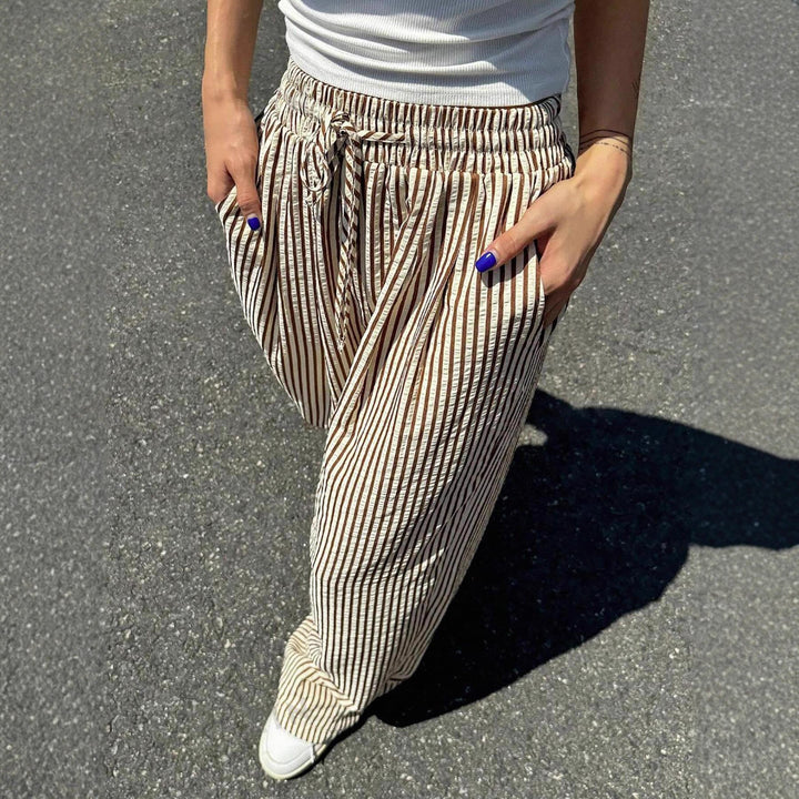 Damen Marlene-Streifenhose aus Leinenmix mit weitem Bein, Elastikbund und Kordelzug Drune