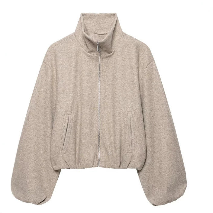 Damen Cropped‑Fleece‑Bomberjacke mit Stehkragen, balligen Ärmeln und elastischem Saum Drune